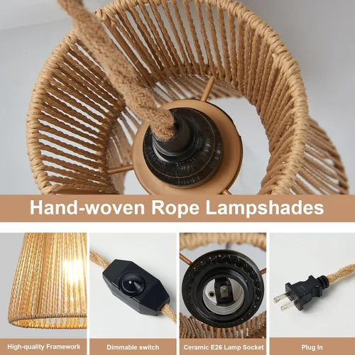 Miniatura 3 de Lámpara Colgante Enchufable de 15 pies con Cable, Interruptor Regulable, Lámpara Colgante de Ratán con Mimbre Tejido a Mano, Candelabro Enchufable