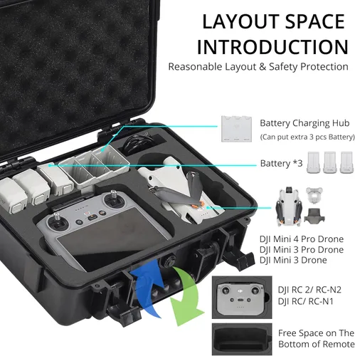 Miniatura 2 de Estuche rígido profesional Mini 4 Pro, bolsa de transporte de viaje impermeable para DJI Mini 4/3 Pro, con control remoto RC-N2/RC 2 y accesorios