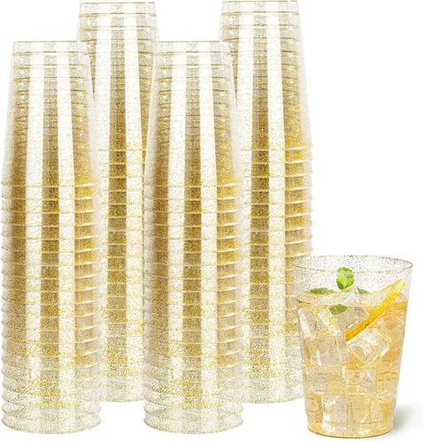 Miniatura 21 de I00000 Paquete de 100 unidades de vasos de plástico dorado de 12 onzas, vasos desechables con borde dorado, vasos de vino desechables y copas