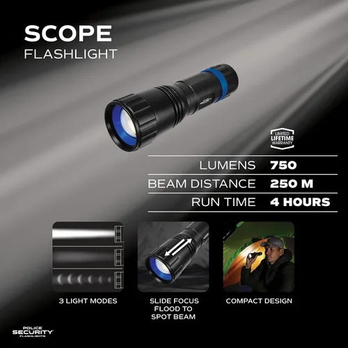 Miniatura 2 de Police Security Scope - Linterna ultra brillante de 750 lúmenes, compacta, resistente, 3 modos, enfoque deslizante, 4 pilas AAA, perfecta