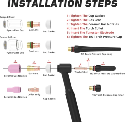 Miniatura 3 de TOOLIOM Kit de 49 piezas de accesorios para antorcha de soldadura TIG, lente de gas gruesa, copa de vidrio, copa de cerámica, kit de tapa trasera