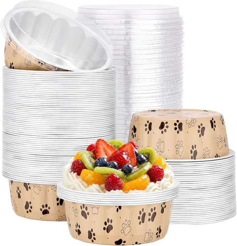 Miniatura 83 de Beasea Ramequines con tapas, 8oz 50 unidades de tazas de aluminio desechables para hornear, tazas de papel de aluminio plateado para creme brulee