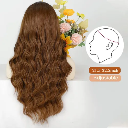 Miniatura 5 de Lativ Peluca castaño rojizo con flequillo, peluca larga ondulada de aspecto natural, resistente al calor, pelucas sintéticas rizadas completas