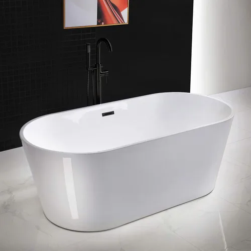Miniatura 2 de WOODBRIDGE Bañera de acrílico independiente de 67 pulgadas, bañera de remojo contemporánea, acrílico blanco (desagüe/desbordamiento negro mate), B/M
