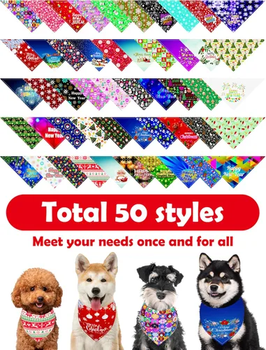 Miniatura 5 de PET SHOW 50 Pack Bandanas Navideñas para Perros Grandes XL Lavables Feliz Año Nuevo Bandanas en Triángulo a Granel Baberos para Perros Medianos