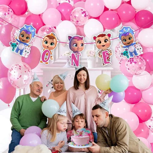 Miniatura 3 de Cartel de Cry Babes One – Lindo cartel de decoración de cumpleaños número uno estilo de dibujos animados para configuración de fiesta en interiores
