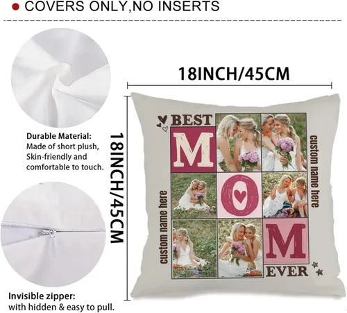 Miniatura 3 de Personalized Decorative Pillow Cover Using 6 Photos and Text for Mom, Soft Cushion Making a Memorable Gift for Mother’s Day Family Holidays or 6