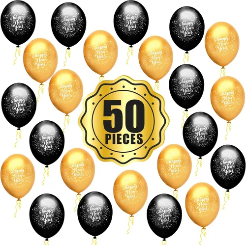 Miniatura 9 de KatchOn, Globos negros y dorados de Año Nuevo 2026 – Paquete de 50 Globos de látex de Feliz Año Nuevo Globo de látex dorado y negro