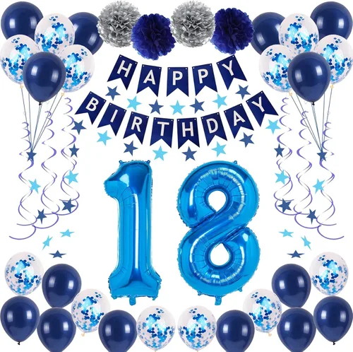 Miniatura 8 de Decoraciones de fiesta de cumpleaños azul número 12 para niños y niñas, suministros de globos de feliz cumpleaños 12 con pancarta de feliz Azul-a-31