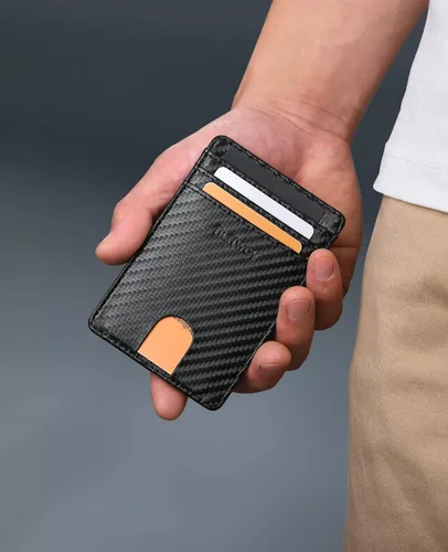 Miniatura 14 de Buffway Billetera delgada para hombre, minimalista con bolsillo frontal delgado, tarjetero de cuero con bloqueo RFID para viajes de trabajo