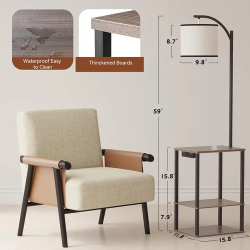 Miniatura 3 de Lámpara de pie SUNMORY con mesa, mesa auxiliar para sala de estar con lámpara, mesa lateral con estantes y estación de carga (puerto USB y AC)