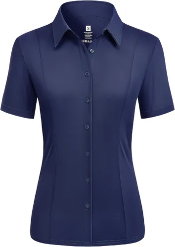 Miniatura 12 de Camisas con botones para mujer, elásticas, de manga corta, con cuello, sin arrugas, básica, de negocios, blusa de trabajo