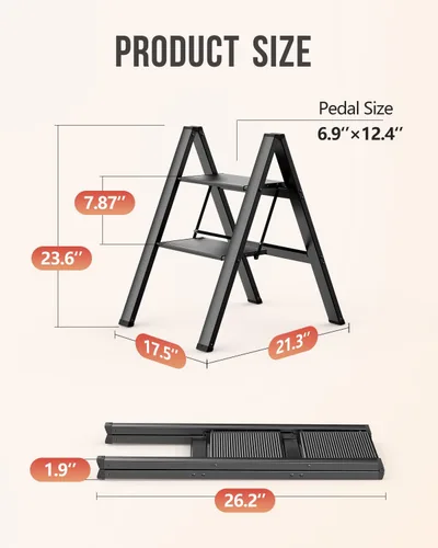 Miniatura 2 de WOA WOA Escalera de 2 escalones, taburete plegable, escalera ligera de aluminio para armario de cocina del hogar, pedales antideslizantes, facilidad