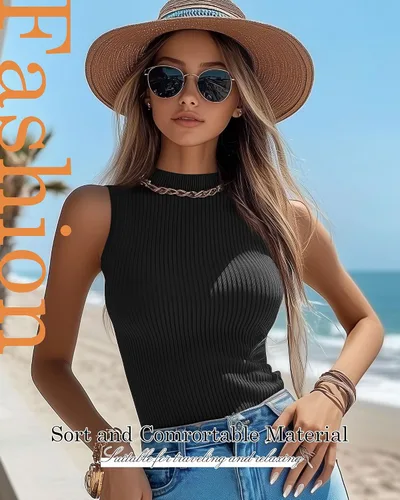Miniatura 6 de Paquete de 3 camisetas sin mangas con cuello alto falso para mujer, acanaladas, elásticas, ajustadas, básicas, ligeras, bustier