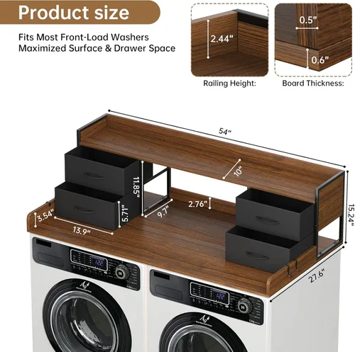 Miniatura 5 de Encimera para Lavadora y Secadora de 4 Cajones con Estante, 27.5" P x 54" A, Superficie Superior para Lavandería con Barandillas de 3.54" de Alto