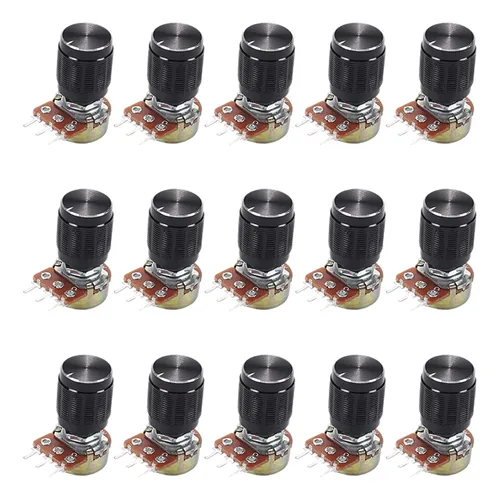 Miniatura 17 de Heyiarbeit Potenciómetro de película de carbono WH148 de 100 K Ohm, potenciómetro giratorio de una sola vuelta con pomos negros, 3 pines, 0.591 in