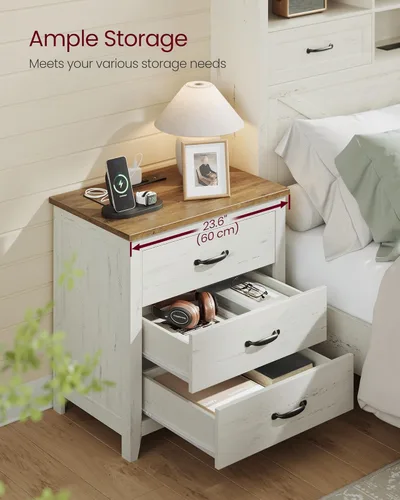 Miniatura 6 de VASAGLE Colección LIRY - Mesita de noche de estilo granja con estación de carga, mesita de noche, mesa auxiliar con 3 cajones, para dormitorio