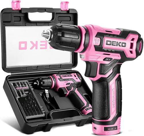 Taladro inalámbrico: juego de taladro eléctrico DEKOPRO de 12 V con taladros eléctricos rosa de 800 RPM con caja de regalo, juego de taladro rosa