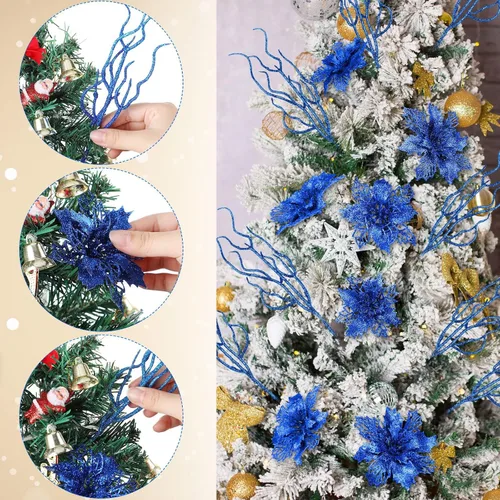 Miniatura 5 de Yinder Juego de 48 flores de Pascua artificiales con purpurina para el día de San Valentín con ramitas, decoración de árbol de Navidad, para corona
