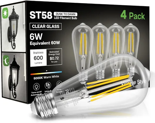 Miniatura 16 de Bombillas del amanecer al anochecer, 6 W equivalente a 60 W, blanco suave 2700 K, base E26, detección de luz, estilo vintage ST58, 600 lm, bombillas