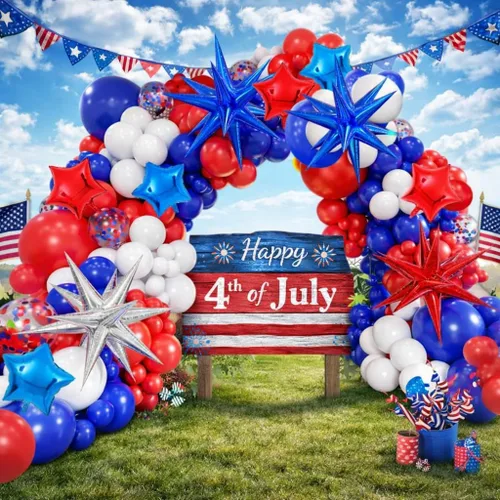 Kit de arco de globos rojos, blancos y azules, guirnalda de globos del 4 de julio con globos de estrella azul, globos de fiesta reutilizables para