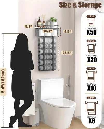 Miniatura 2 de Aetyord Toallero para Baño de 31 Pulgadas Montado en Pared, Estante Flotante con Tablero de Madera, Almacenamiento de Toallas para Baño que Puede
