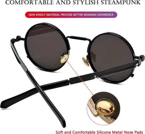 Miniatura 4 de AIEYEZO Gafas de sol redondas Steampunk con montura de metal gótico, 100% bloqueo UV