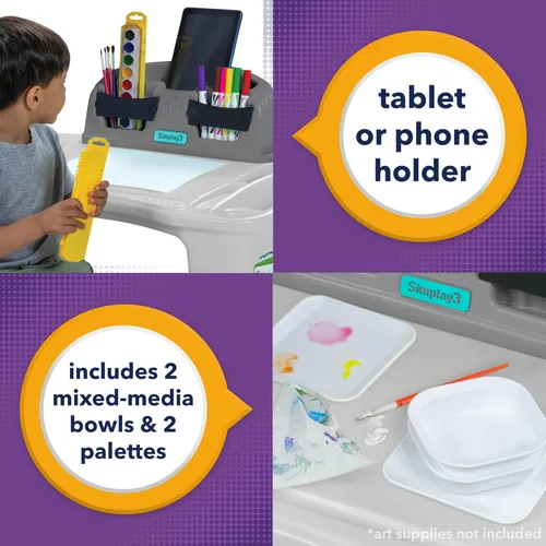 Miniatura 3 de Simplay3 Creative Kids Art - Juego de mesa y silla de escritorio con silla de escritorio adjunta, piso completo y almacenamiento de arte Gris
