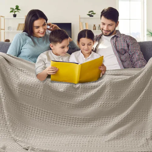 Miniatura 33 de PHF - Manta tejida de punto gofre 100% algodón, suave, ligera, transpirable, acogedora, de verano, para sofá y cama, tejida, estética, decoración