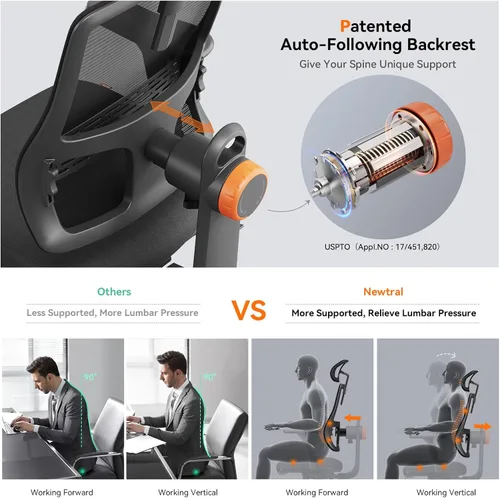 Miniatura 4 de Newtral Silla de oficina ergonómica con soporte lumbar adaptable, silla de escritorio con respaldo alto con reposacabezas ajustable, reposabrazos