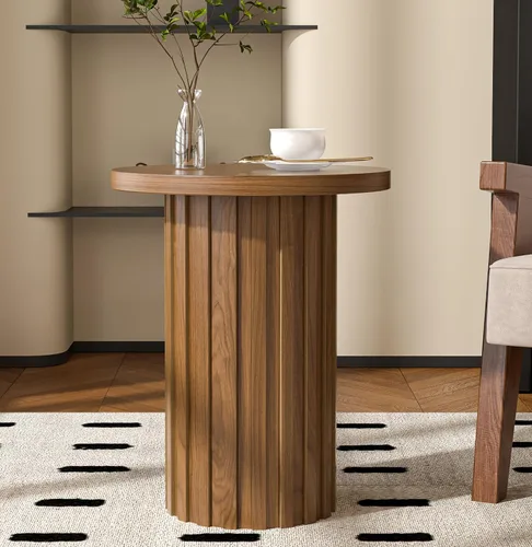 Miniatura 6 de Fsbecl Mesa auxiliar de pedestal de granja, mesa auxiliar redonda con panel estriado, mesa rústica para bebidas para sala de estar de espacio