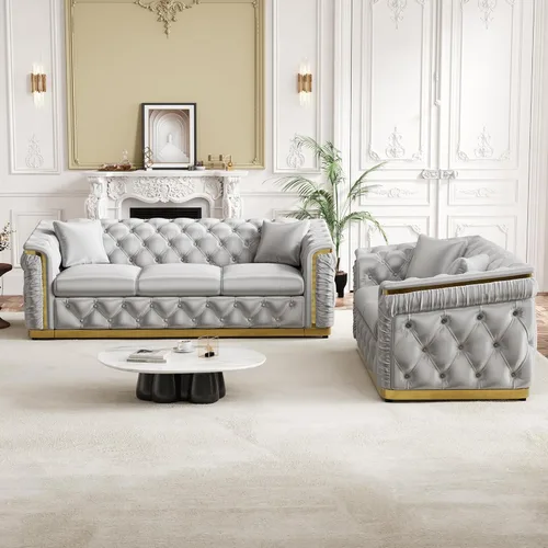 Miniatura 9 de Juego de 2 sofás Chesterfield de lujo, sofá victoriano copetudo negro y dorado, moderno de mediados de siglo, juego de sofás de 3 plazas para sala