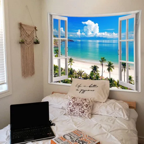 Miniatura 4 de Sanzugh - Tapiz de pared de playa del océano, arte de ventana falsa de naturaleza del mar de Hawái, tapices para colgar en dormitorio, dormitorio