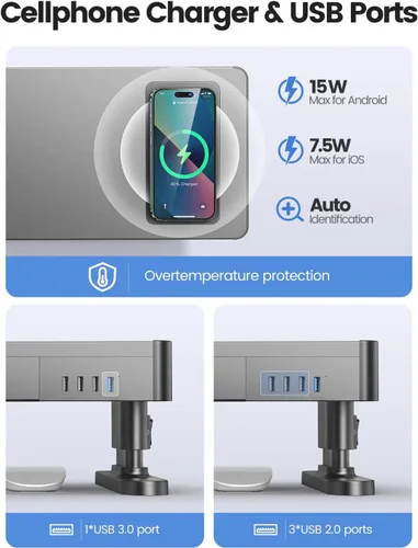Miniatura 3 de meatanty Soporte de Monitor Doble con 4 Alturas Ajustables, Almohadilla de Carga Automática para Teléfono, 4 Puertos USB, Elevador de Computadora