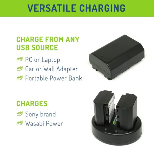 Miniatura 6 de Wasabi Power Batería (paquete de 2) y cargador USB dual para Sony NP-FZ100, BC-QZ1 y Sony FX3, a1, a9, a9 II, a7C, a7R III, a7R IV, a7S III, a7 III
