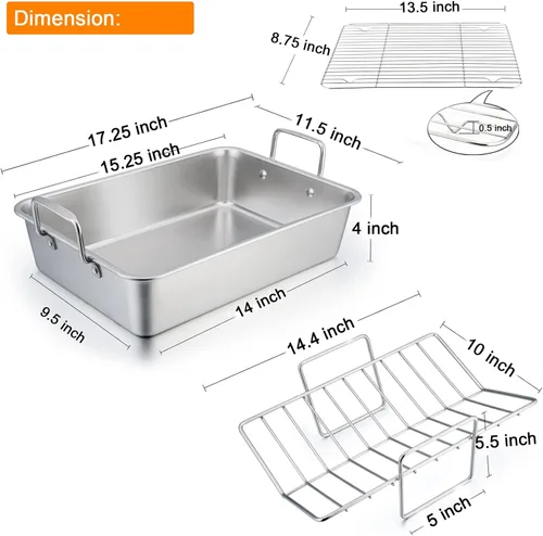 Miniatura 2 de TeamFar Sartén para asar de acero inoxidable, sartén grande para lasaña de pavo de 16 pulgadas con estante en V y estante de enfriamiento para asar