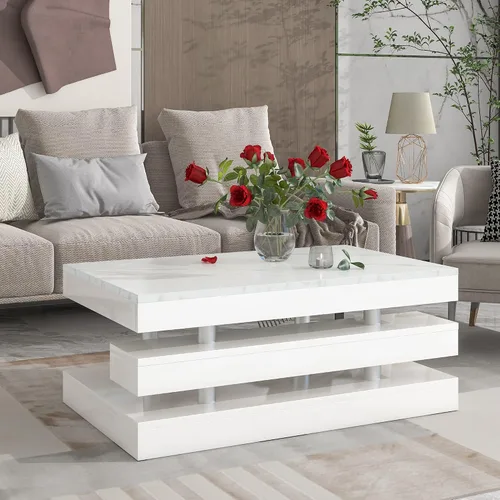 Miniatura 10 de Mesa de centro moderna con vidrio templado, mesa de cóctel de madera con superficie UV de alto brillo, mesa central rectangular modernista de 2 Negro