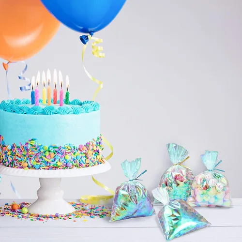 Miniatura 8 de Shappy 120 bolsas de celofán iridiscentes, pequeñas bolsas holográficas con lazos giratorios, envoltura de regalo iridiscente para boda, cumpleaños
