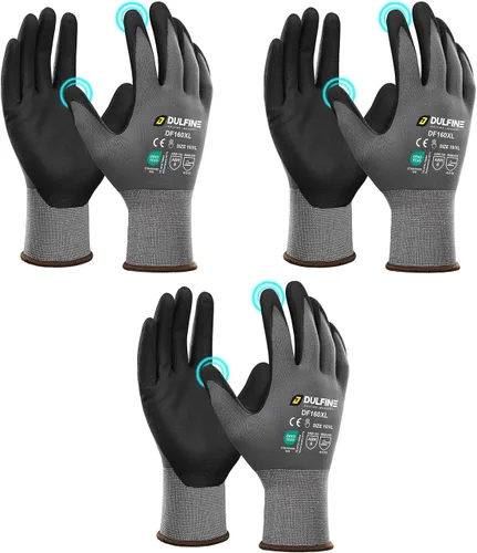 DULFINE Safety Work Gloves for Men & Women, MicroFoam Nitrile Coated Nylon Black Grip for General Purpose, 3/6/12/36 Pairs Gris