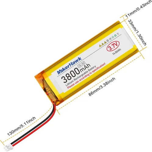 Miniatura 2 de MakerHawk Batería LiPo de 3.7 V 3800 mAh recargable 1S 3C 113386 Batería de polímero de litio con placa de protección de batería dual, enchufe micro