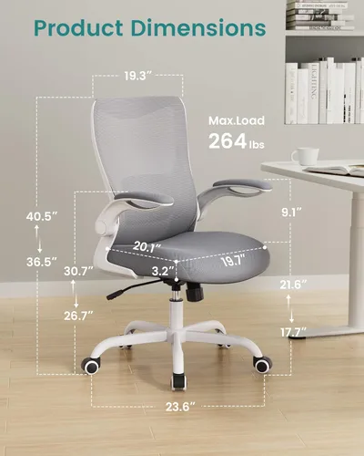 Miniatura 2 de MUXX.STIL Silla de oficina, silla de escritorio ergonómica con soporte lumbar ajustable y reposabrazos abatibles, silla de computadora de malla Gris