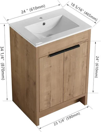 Miniatura 2 de Malwee Tocador de baño independiente de 24 pulgadas con lavabo, tocador de baño de pie de 24'', tocador moderno con 2 puertas y encimera de lavabo