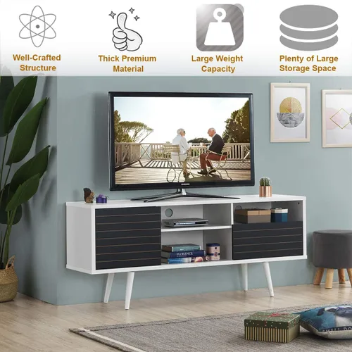 Miniatura 4 de Tangkula Soporte de TV moderno Mid-Century para televisores de hasta 70 pulgadas, mesa consola de TV de madera con estantes de almacenamiento