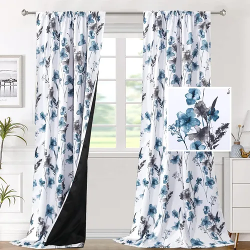 Miniatura 31 de H.VERSAILTEX Cenefas de cortina 100% opacas para ventanas de cocina, juego de 2 paneles de Cattleya con estampado floral Leah con aislamiento