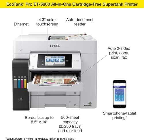 Miniatura 4 de Epson EcoTank Pro ET-5800 Impresora inalámbrica a color todo en uno, SuperTank, con escáner, copiadora, fax y Ethernet, color blanco