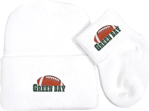 Juego de gorro y calcetines de punto para bebé recién nacido para fanáticos del fútbol Green Bay, Blanco
