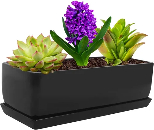 Miniatura 7 de Vencer Maceta rectangular moderna minimalista de cerámica para suculentas de 12 pulgadas, caja con ventana con platillo, soporte de escritorio