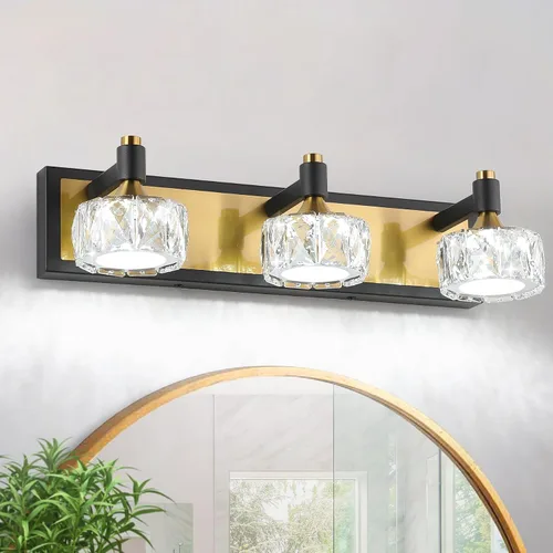 Miniatura 9 de Lámpara de baño de 3 luces sobre el espejo, luz LED regulable para tocador de baño con pantalla de cristal, lámpara de pared moderna negra y dorada