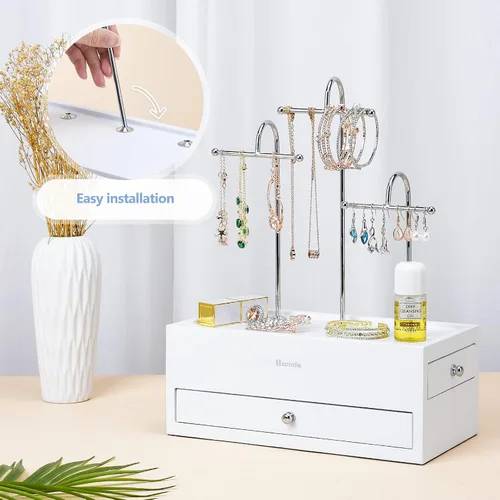 Miniatura 7 de Homde Organizador de joyas para collares, aretes, anillos con ganchos de metal (blanco)