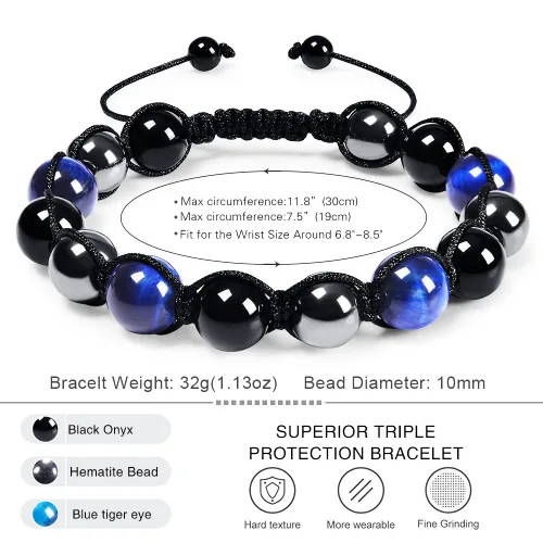 Miniatura 22 de DHQH Triple Protection Bracelet 8/10MM Hematite Black Agate Tigers Eye Stone Bracelet Crystal Jewelry Healing Bead Bracelets for Men Bring Luck